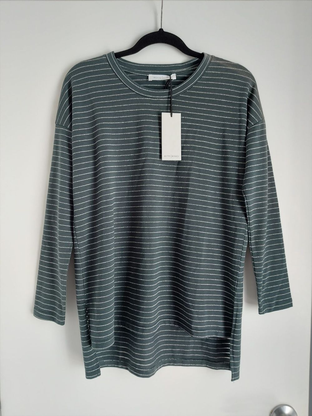 BETTY BASICS | CARLY LONG SLEEVE TOP | THYME GREEN | SILVER METALLIC STRIPE | SIZE 6 (XS)