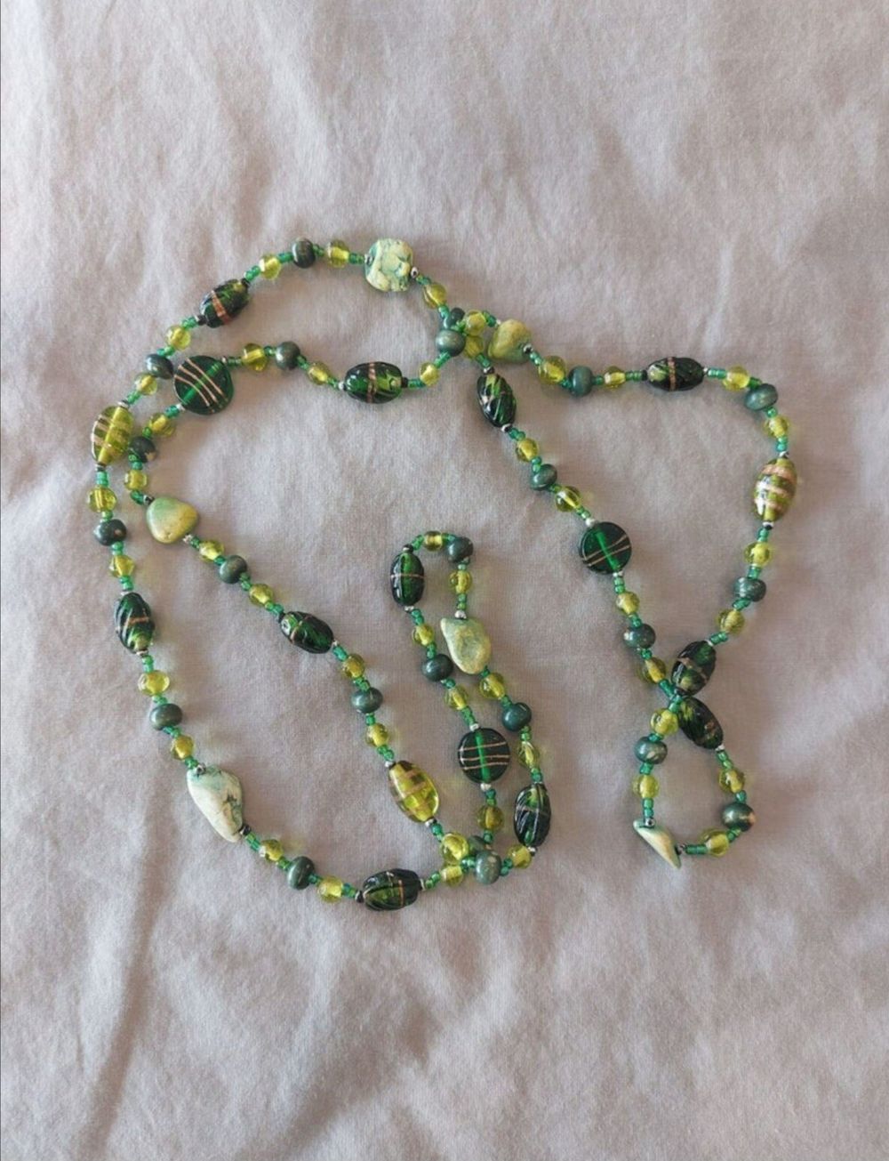 BRAND NEW | LONG GREEN NECKLACE | GLASS + STONE BEADS | GOLD STREAKS