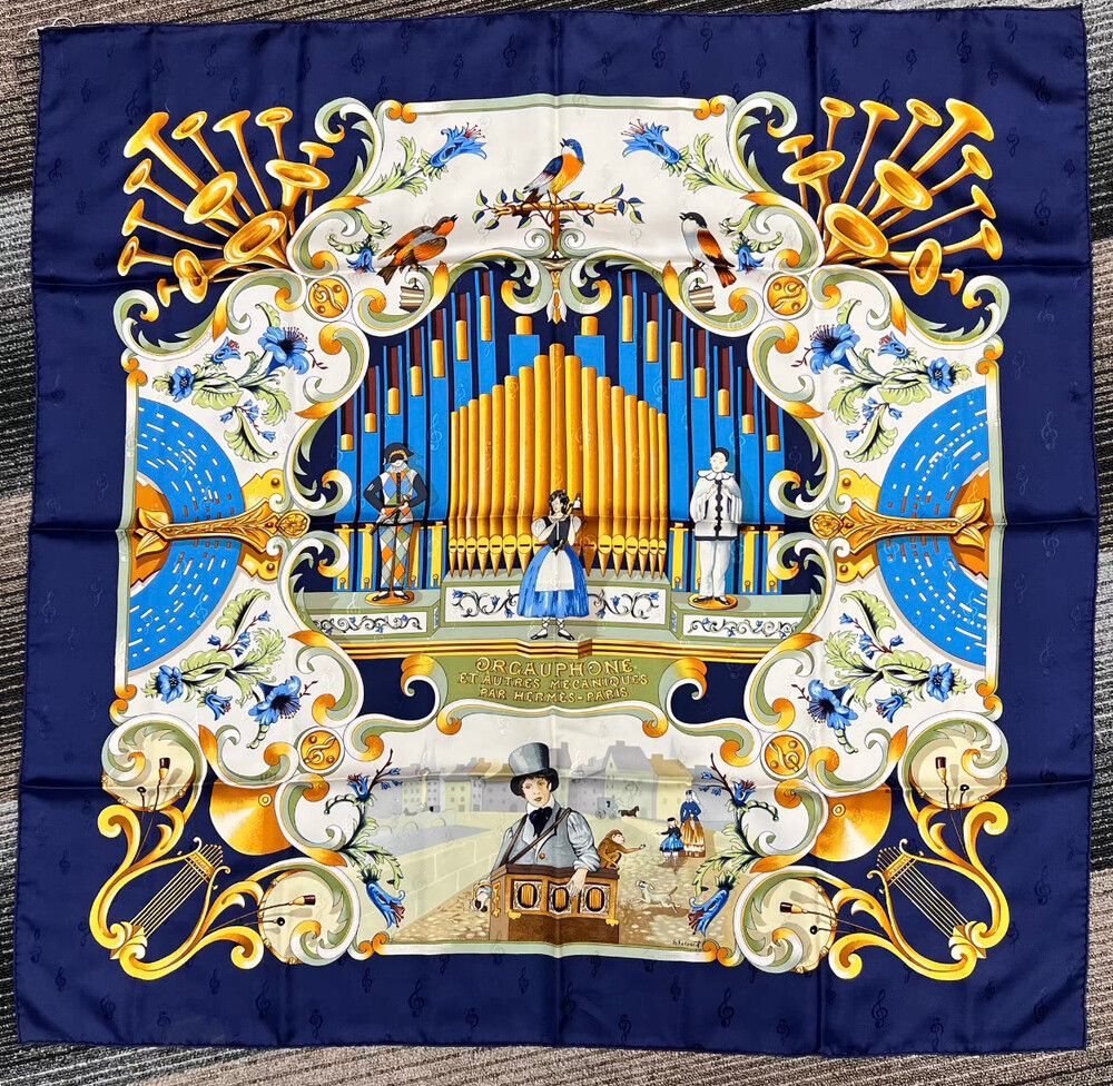 Vintage Hermes Scarf Pipe Organ Grand Stage in Blue