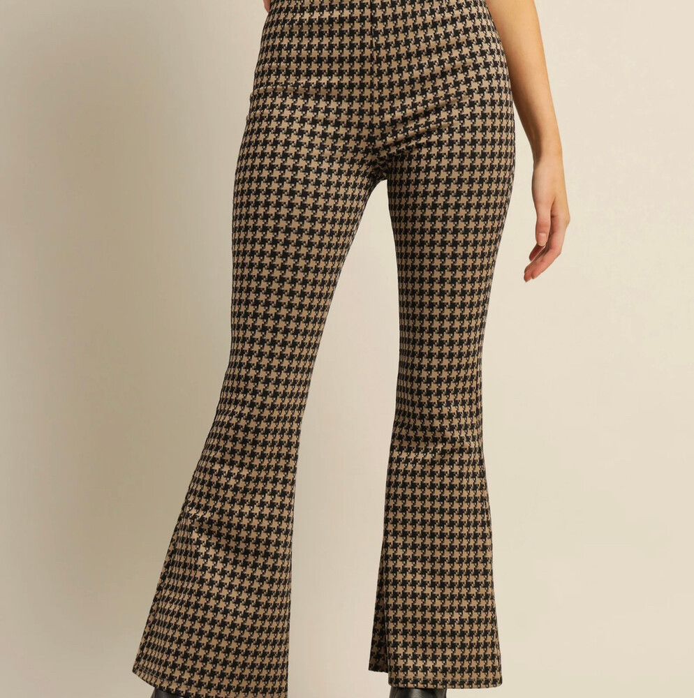 Brown Houndstooth Check Flare Pants