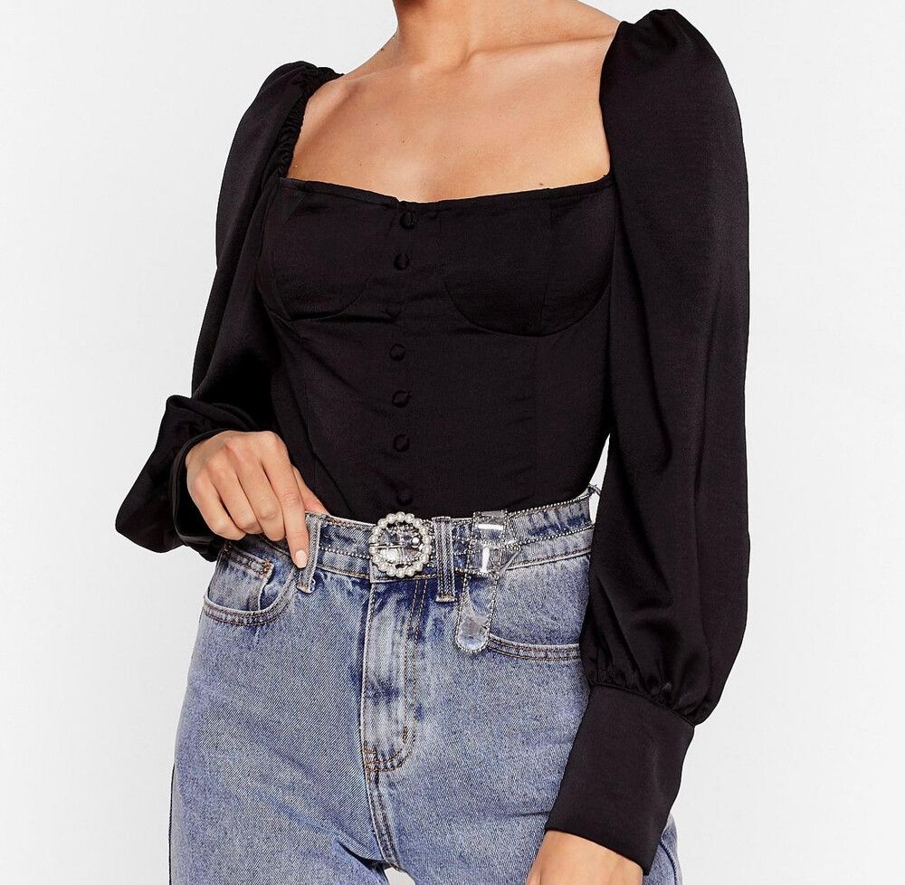 Black Satin Puff Sleeve Top