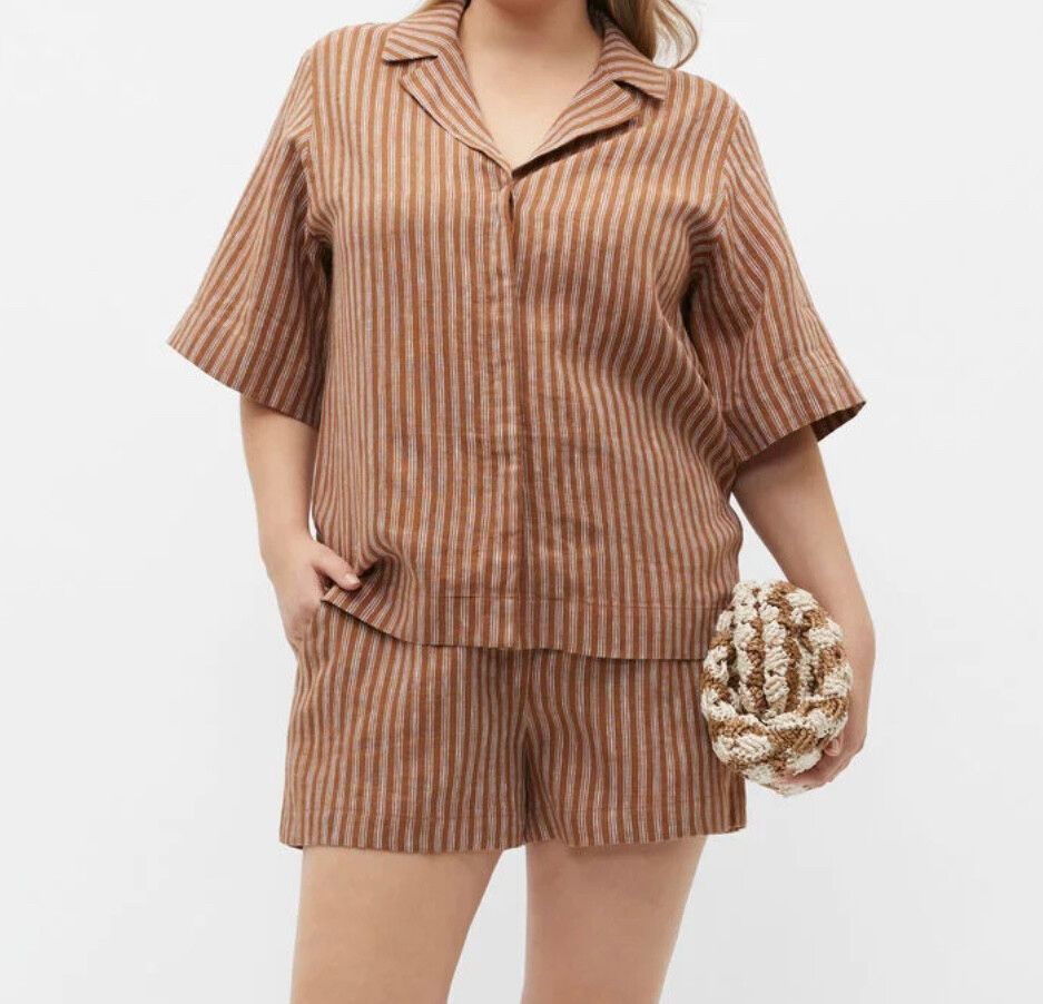 Brown & Cream Striped Linen oversized short Sleeve Shirt