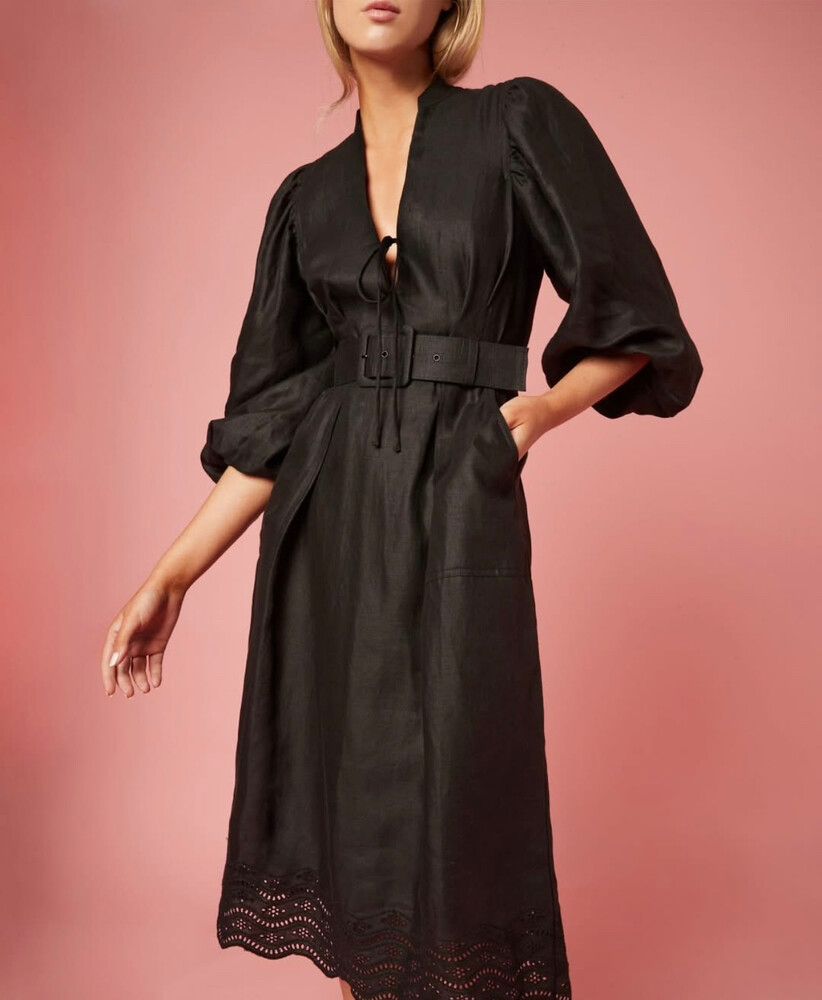 Zarhara Black Midi Linen Dress
