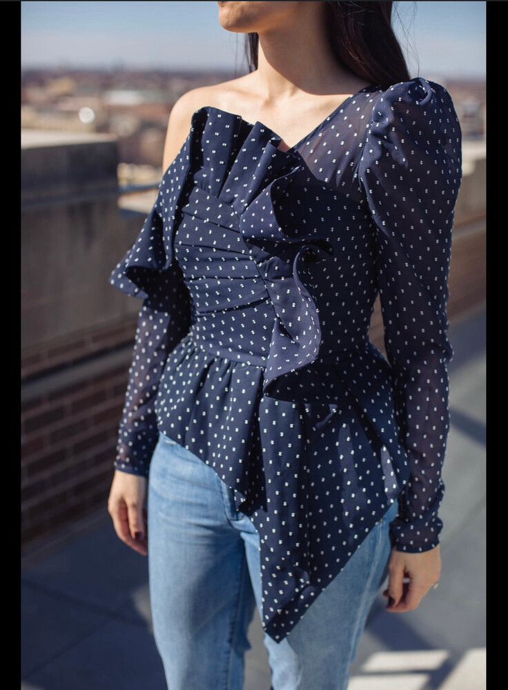 Asymmetrical Polka Dot Blouse in Navy