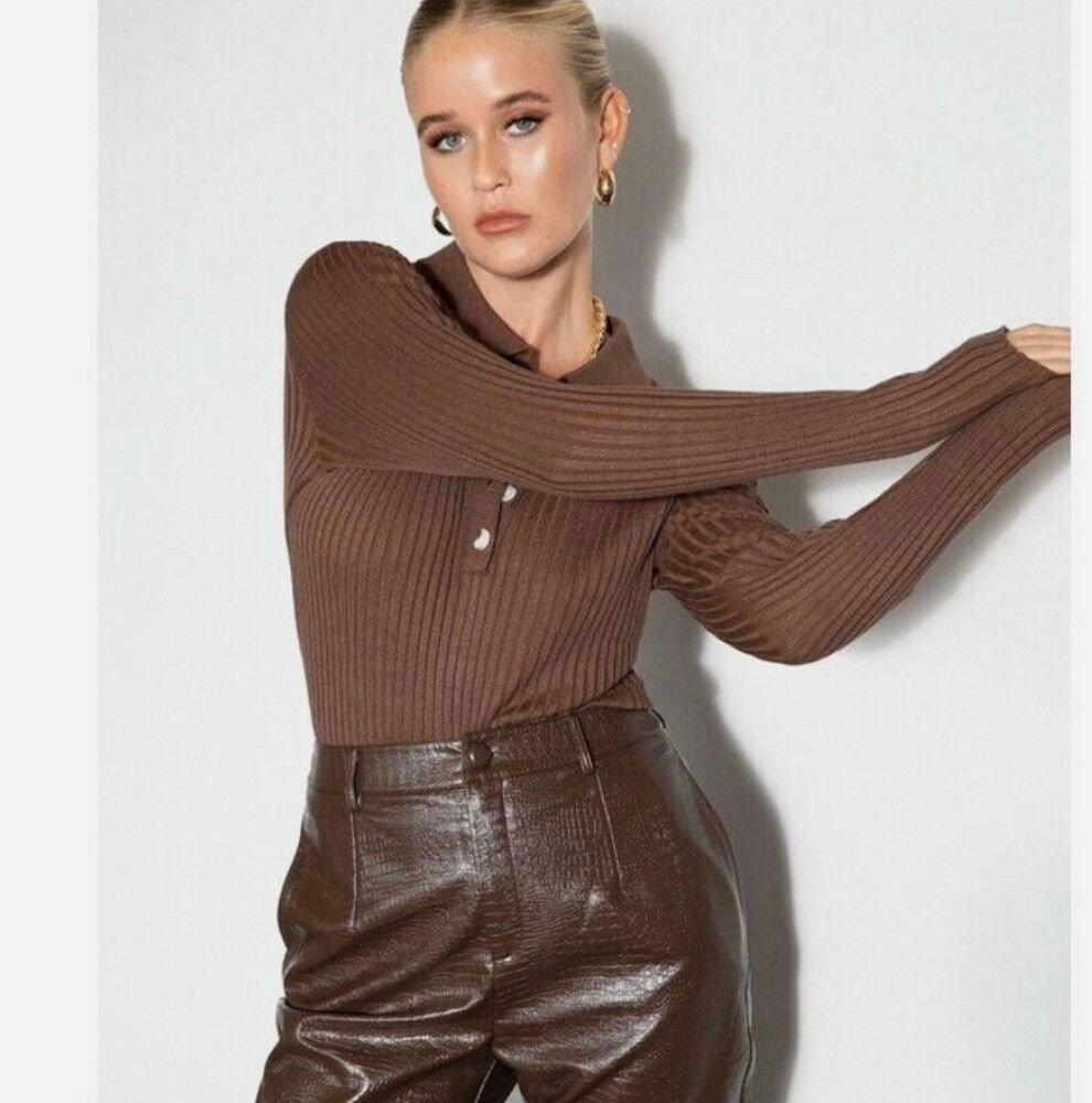 Brown Ribbed Polo Top Bodysuit