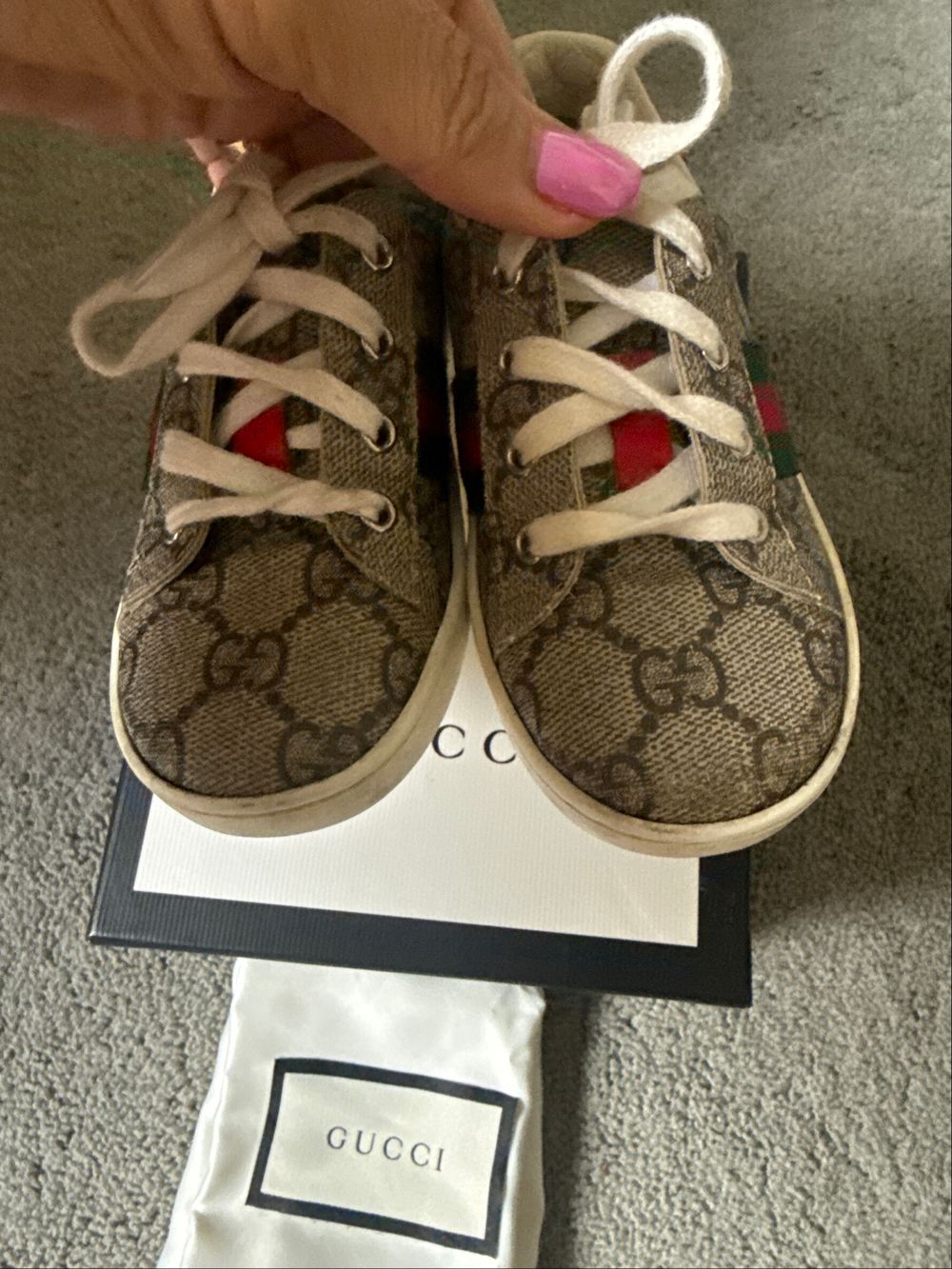 Authentic GUCCI Kids Supreme GG Ace Sneakers Beige Size 24-25