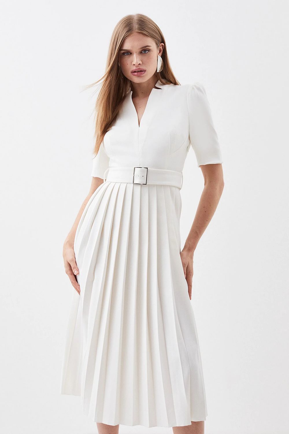 Tall Structured Crepe Forever Pleat Belted Midi Dress