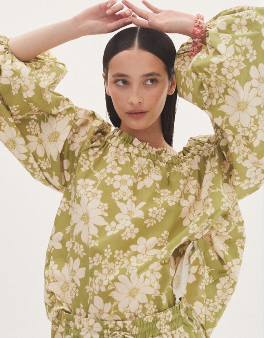 ALEMAIS Leisa Floral Off The Shoulder Organic Cotton Blouse in Lime at Nordstrom
