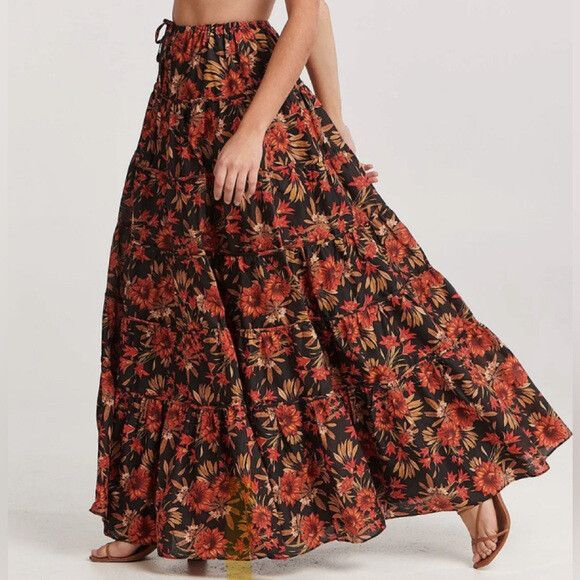 Red Floral Print Maxi Skirt