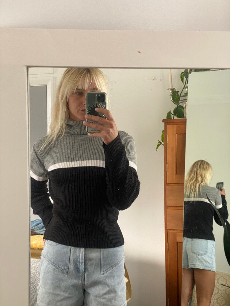 Black and Grey Ribbed Knit Sweater