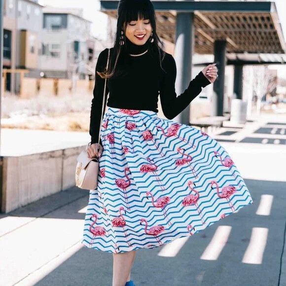 Pink Flamingo Nautical Blue White Stripe High Waisted Full Midi Skirt
