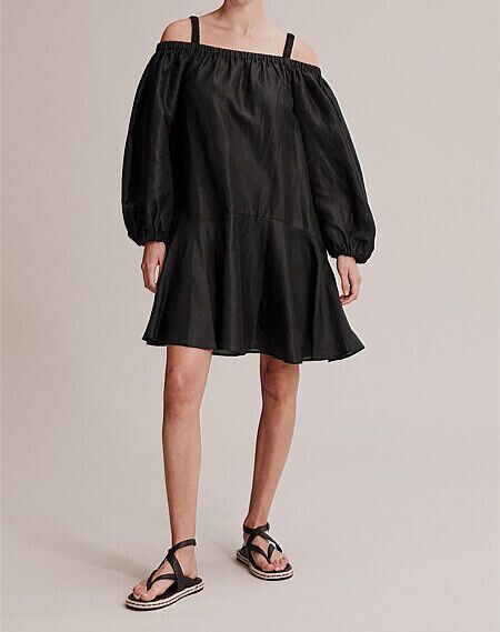 country road 100 % Ramie Au 10 M RUCHED STRAP Off Shoulder Races Party Flare Belted Belt DRESS Mini Black $179