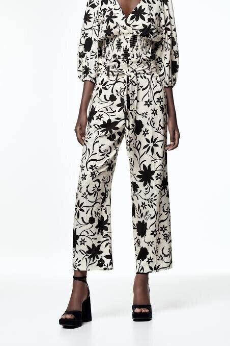 Zara WIDE LEG FLORAL Pants Linen Blend Au 14 XL Beige Ecru Trousers Contrast New