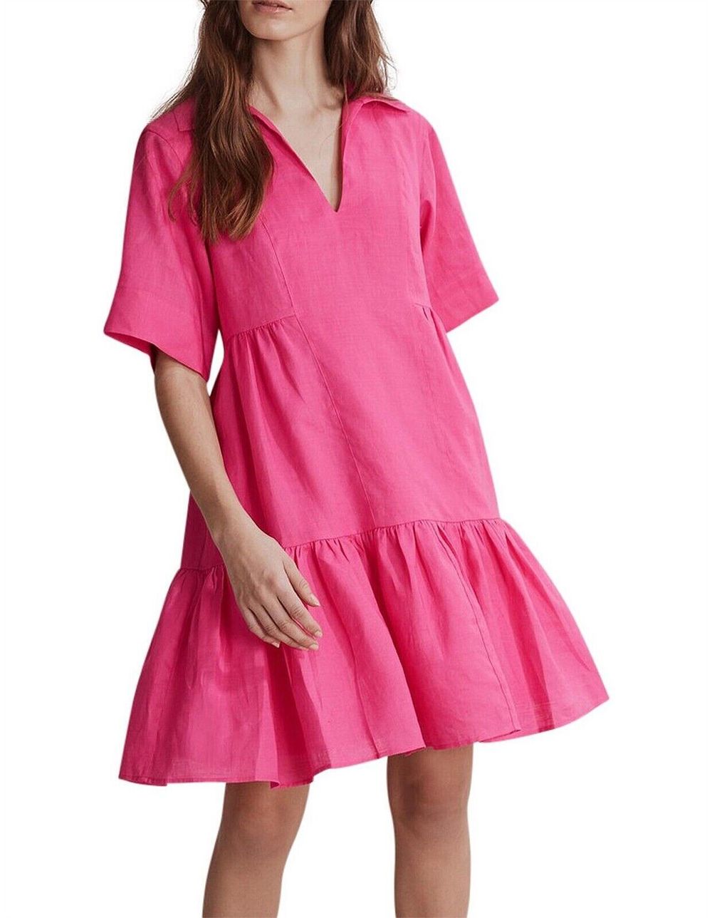 Country road TIERED MINI DRESS Size Au 6 Fits 8 10 Ramie hot pink babydoll $259