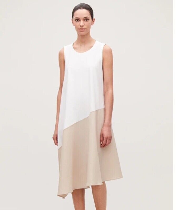Cos Relaxed Fit Asymmetric Drape Dress White Beige S Au 10 Midi Two Tone Classic