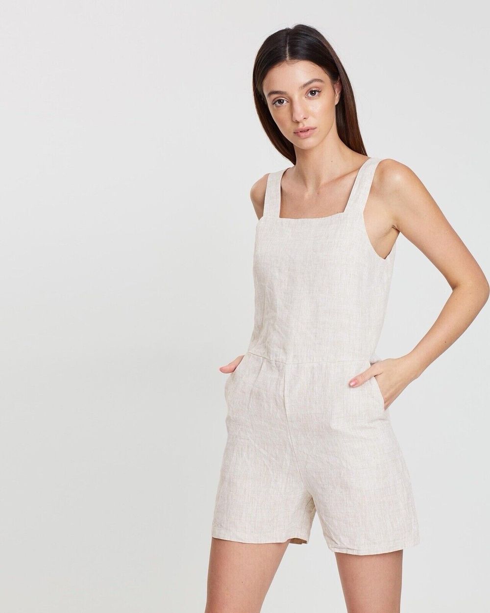 ASSEMBLY LABEL Au 10 M Natural Beige Wide Strap Pure Linen Playsuit Oat Jumpsuit