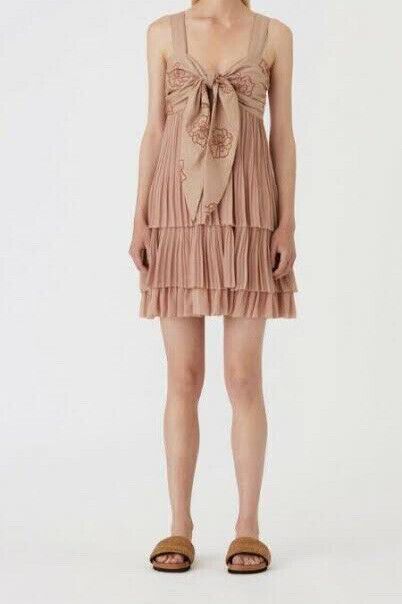 Camilla And Marc Kamille Mini Dress AU 10 M Tiered Bow Pleated Beige Summer $700