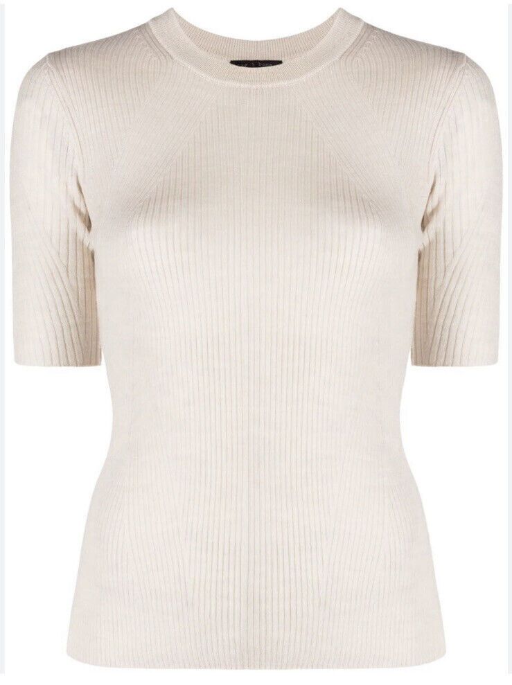 Portmans Blouse Bone Beige Ribbed knit Crew Neck Top 10 M Office Classic Work