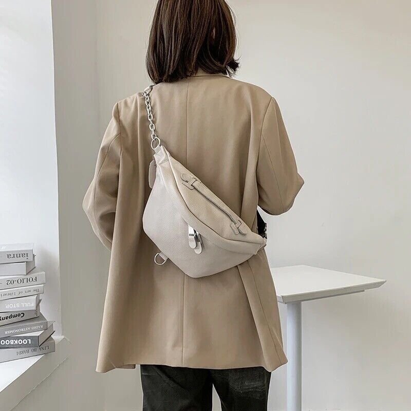 Leather Crossbody Bum Bag Beige Cream Fanny Pack Belt Waist Bag Sling Bag Medium