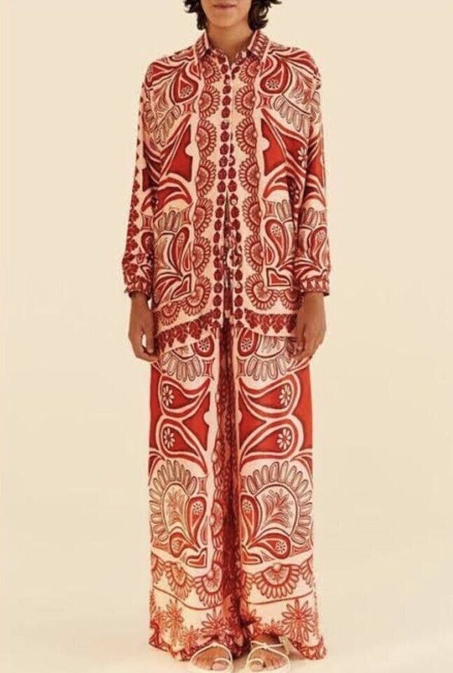 Farm Rio Brazilian Designer Brand Red Shirt Print Size Au 10 M Boho Relaxed Fit
