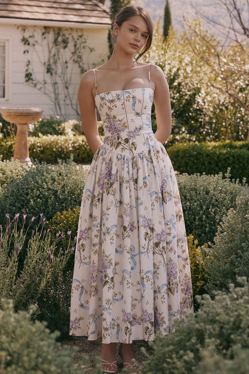 house of cb ysabella dress blue Clothing: Midi Dresses: 'Ysabella' Blue Daisy Print Stretch Cotton Midi Sundress