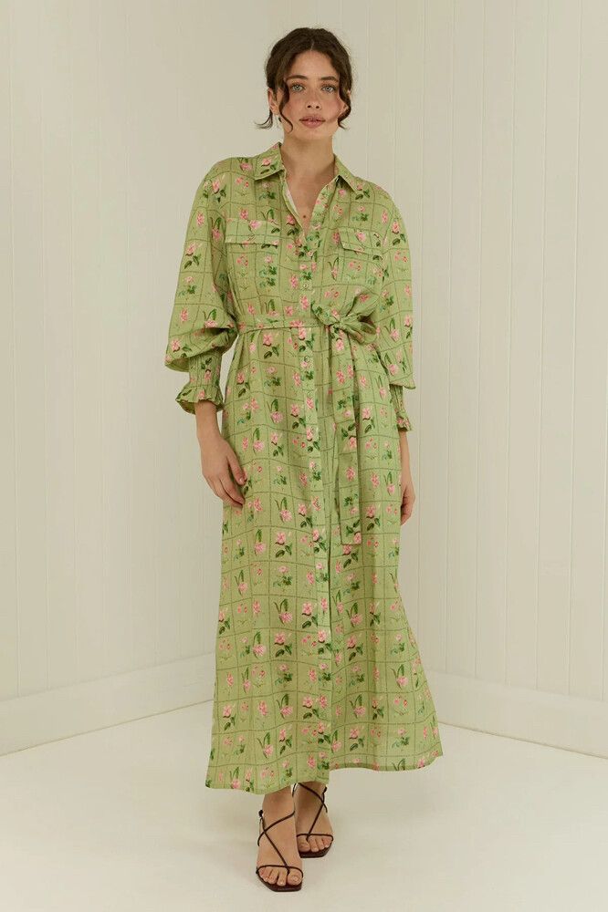 PALM NOOSA Marigold Dress Size 8 AU Green Floral  long Sleeve Linen