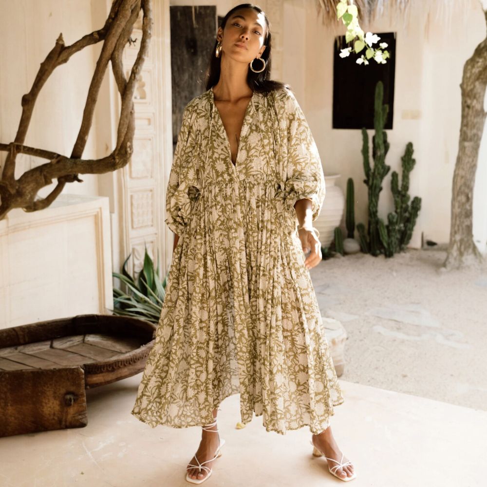 Daughters Of India Kyra Midi Dress in Olive, Size Medium