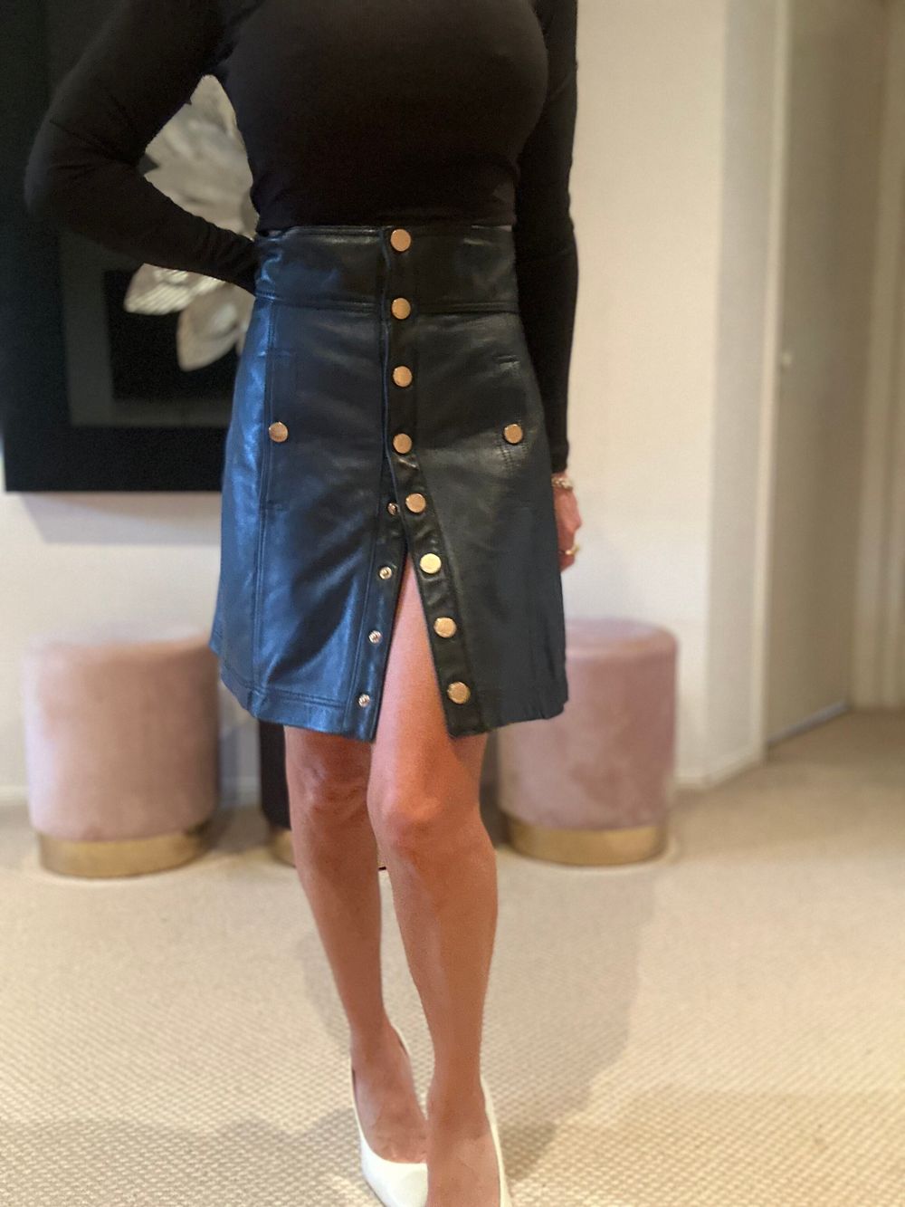 Alice McCall - Black Leather Mini Skirt with Gold Button Detail