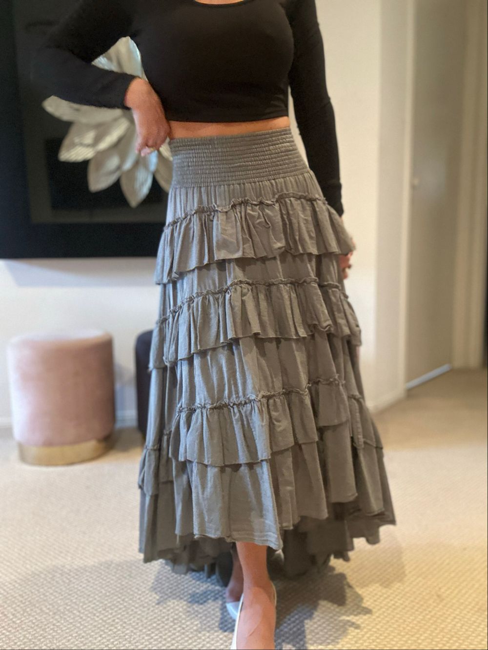 AJE - Khaki Tiered Ruffle Maxi Skirt