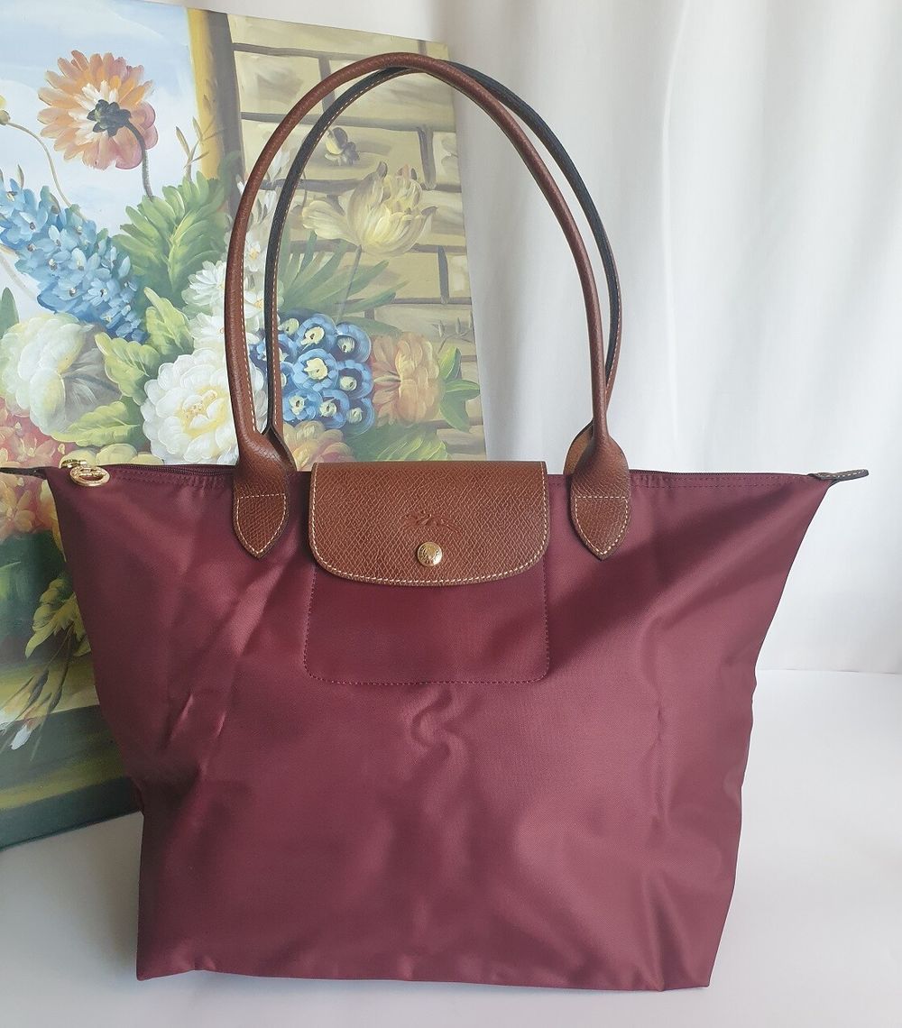 Longchamp Le Pliage Original Leather Foldable Tote in Dark Red/Burgundy