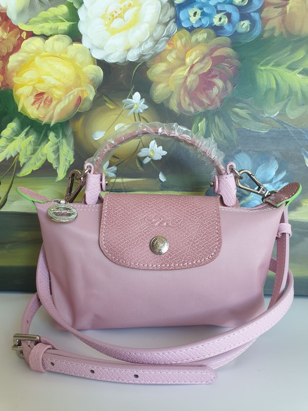 Longchamp Leather Mini Clutch Bag in Pink + Crossbody Long Strap