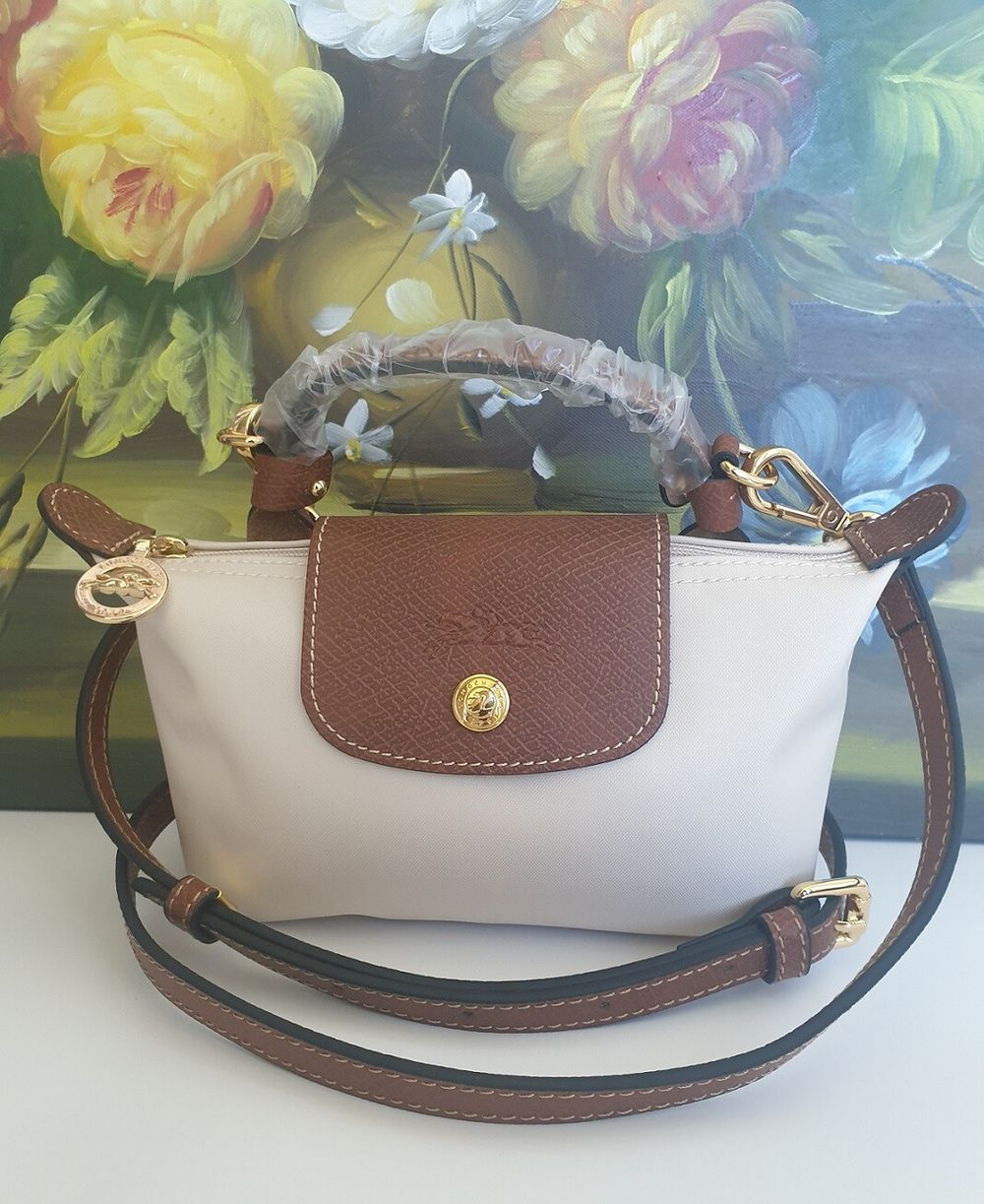 Longchamp Leather Pouch Mini Bag in White Paper + Crossbody Long Strap