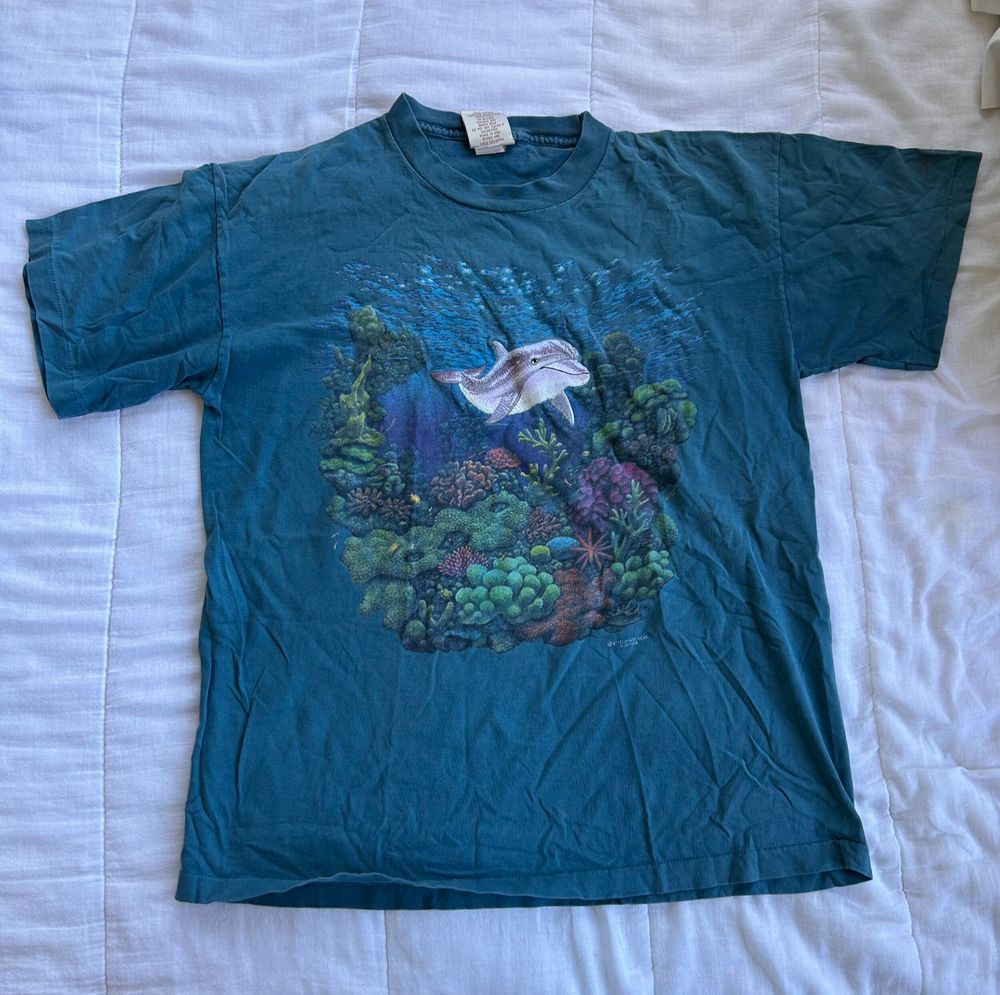 Vintage Stitch Art Dolphin Teal Graphic T-Shirt