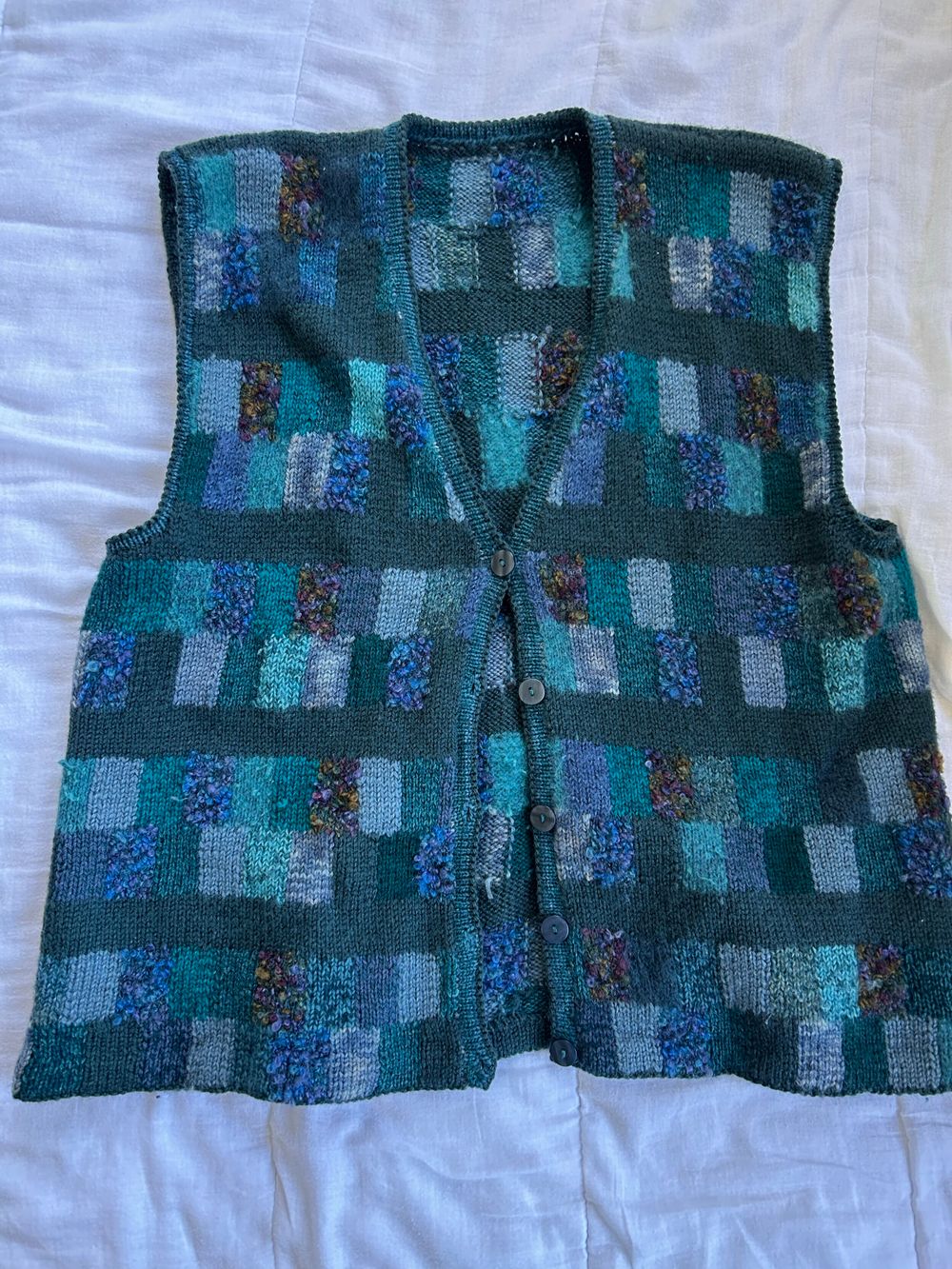Vintage Hand-Knitted Geometric Knit Vest – Teal, Size M