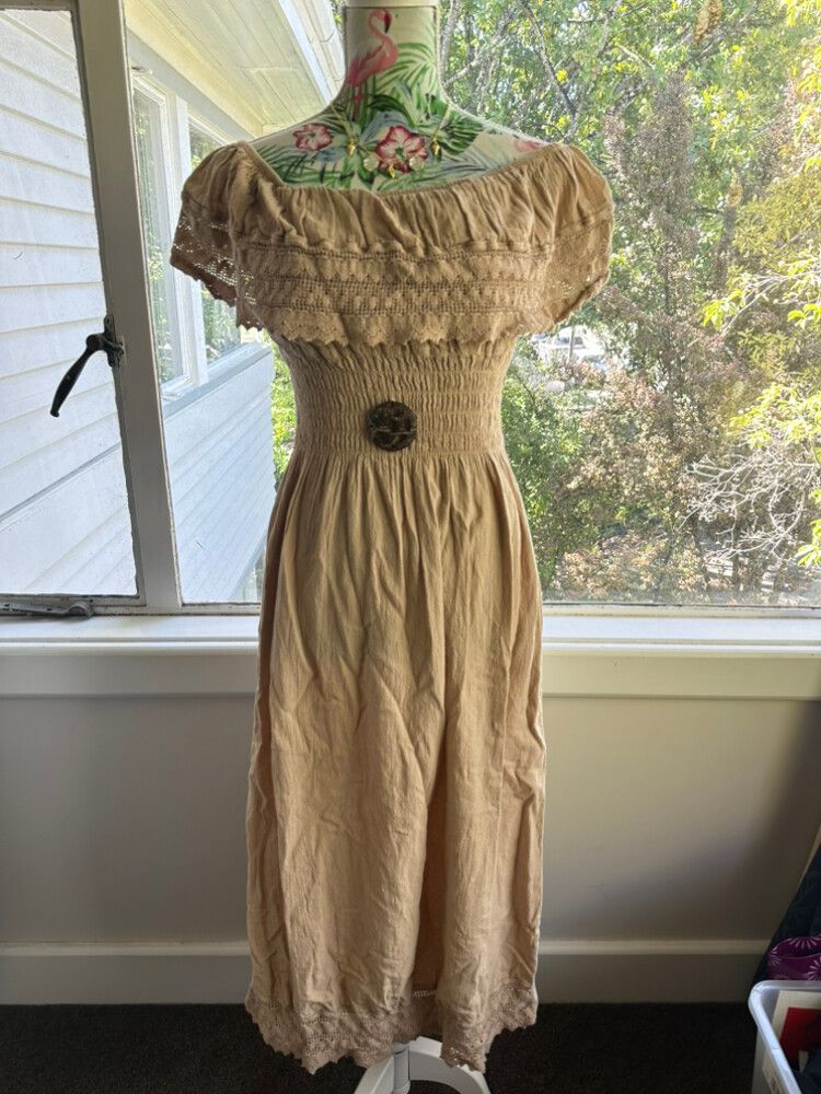 Beige Off-Shoulder Boho Midi Dress