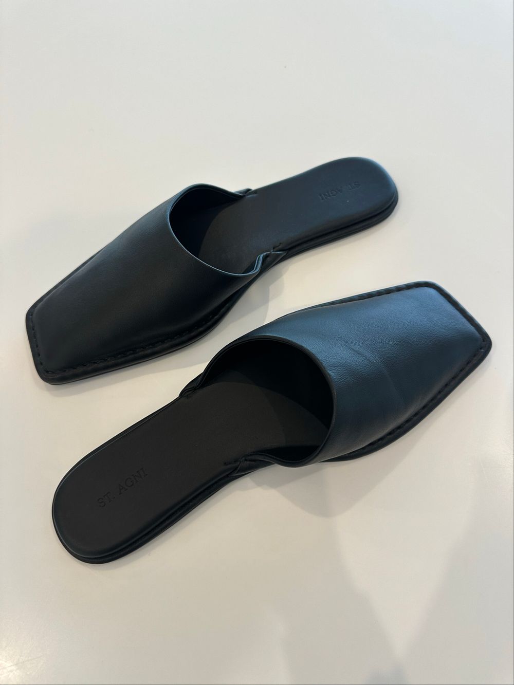 St. Agni Black Soft Square Toe Flat Slides