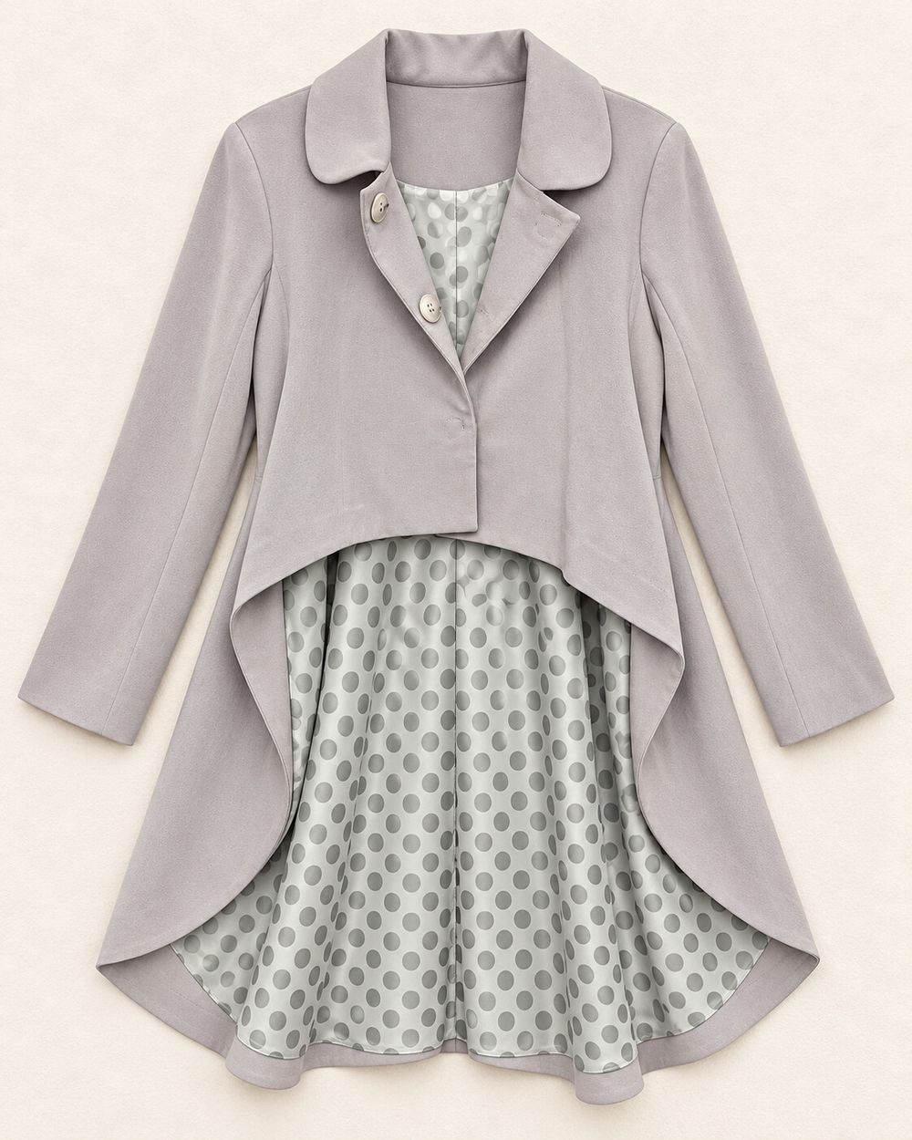 Annah Stretton Pink Light-Grey Long-Sleeve Asymmetric Jacket with Polka-Dot Lining