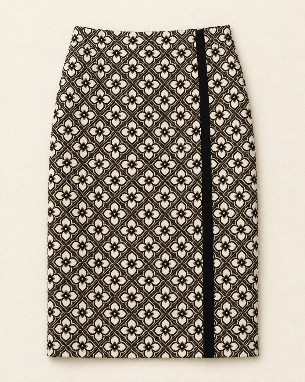 Trelise Cooper Cream, Black and Brown Geometric-Print Midi Skirt with Black Trim Detail