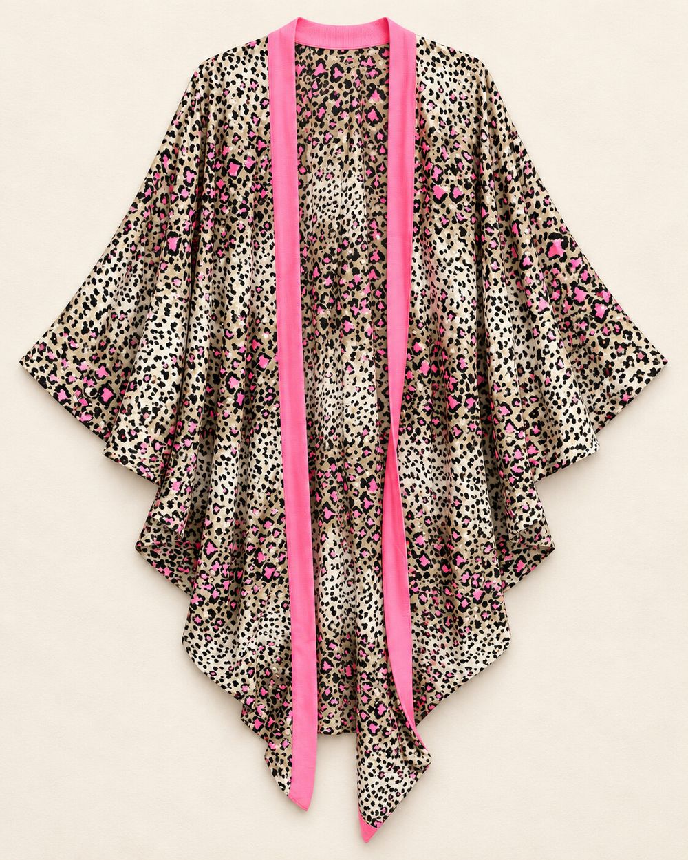 Charlo by Augustine Satin Pink, Beige and Black Animal-Print Long-Sleeve Kimono with Pink Trim