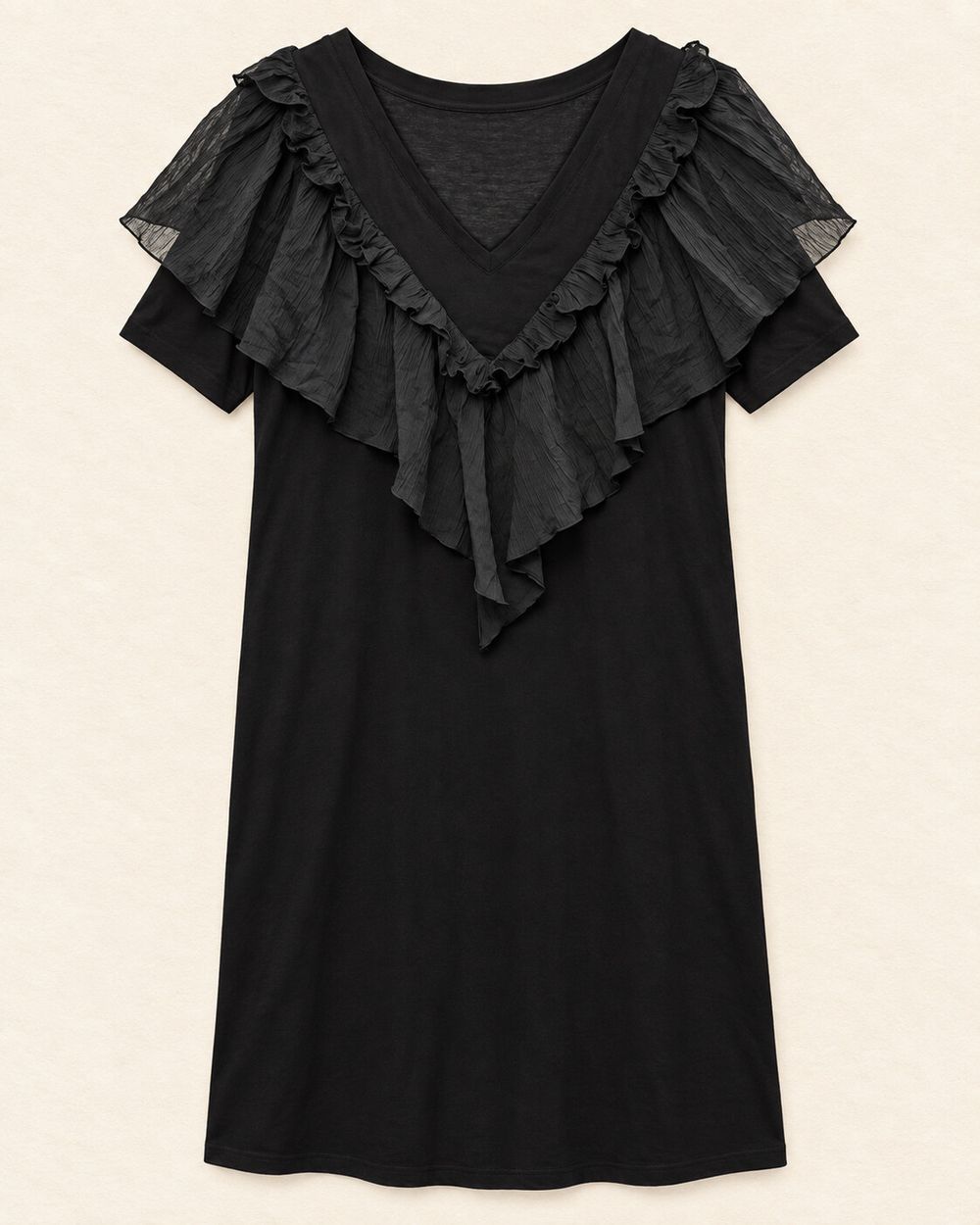 Moochi Black Short-Sleeve Midi Dress with Layered V-Neck Ruffle Detail