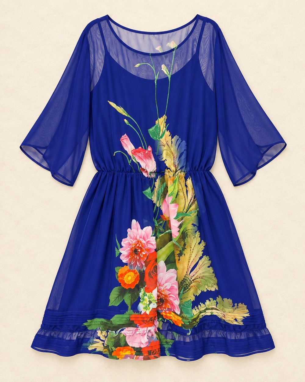 Augustine Cobalt-Blue Sheer Floral-Print Batwing-Sleeve Midi Dress with Elastic Waist