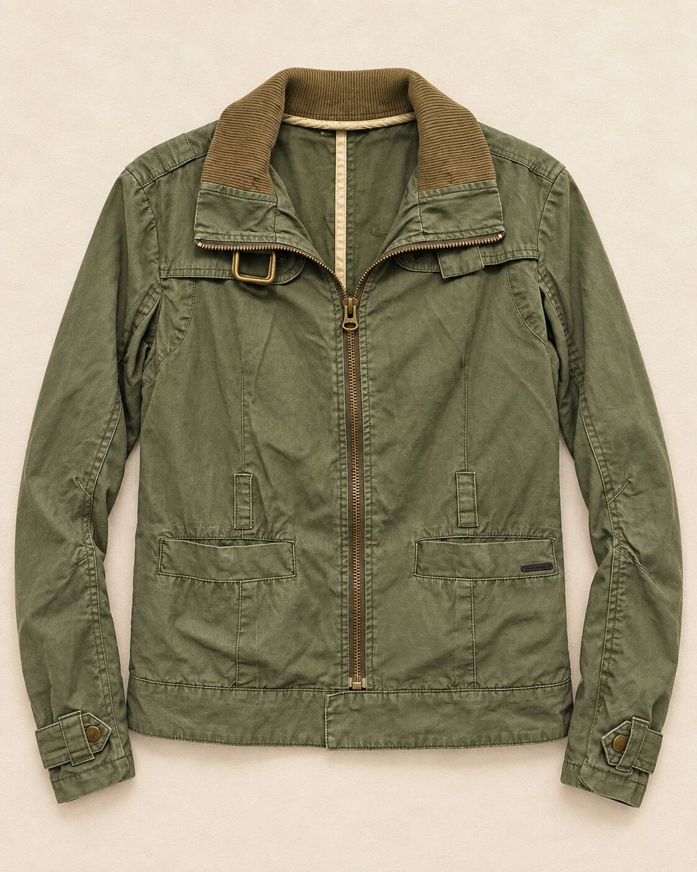 Vintage Mooks Khaki Utility Zip Jacket with Ribbed Collar