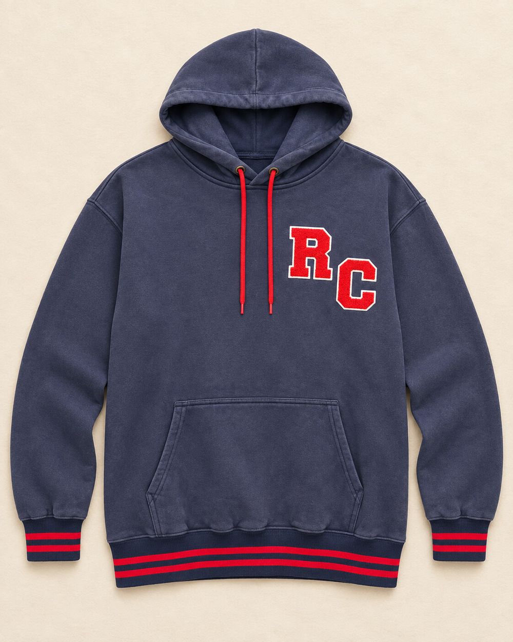 Vintage SAS Navy Hooded Sweatshirt with Red Drawstrings, RC Appliqué and Striped Rib Trim