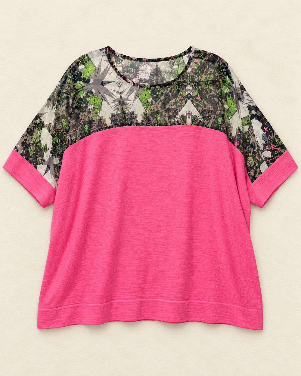 Augustine International Pink Oversized Short-Sleeve Top with Multicolour Abstract-Print Yoke and Sleeves