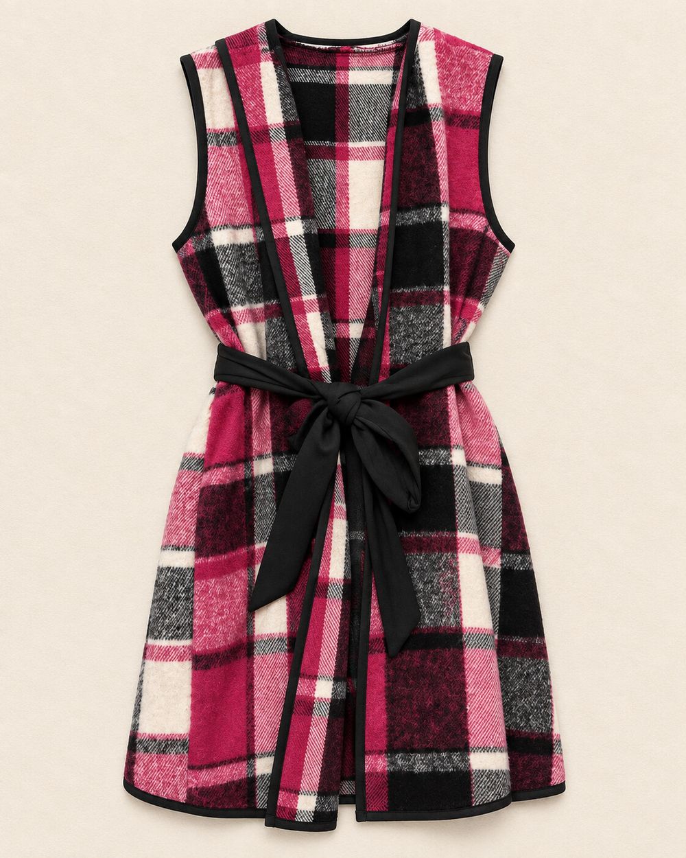 Vintage Pink, Black and White Plaid Sleeveless Hooded Belted Long Vest