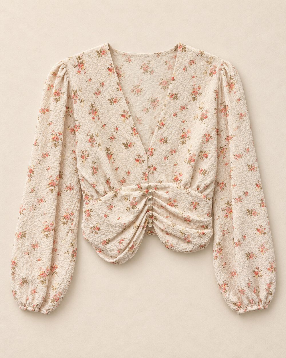 Mintra Studio Cream Floral-Textured Long-Sleeve Ruched Button-Front Blouse