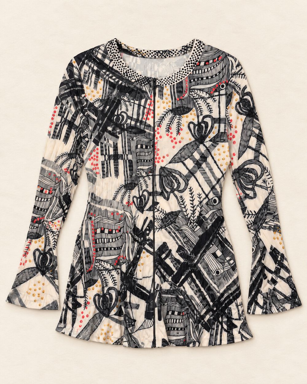 Vintage Seven Sisters Black and White Abstract-Print Embellished Long-Sleeve Asymmetric Tunic