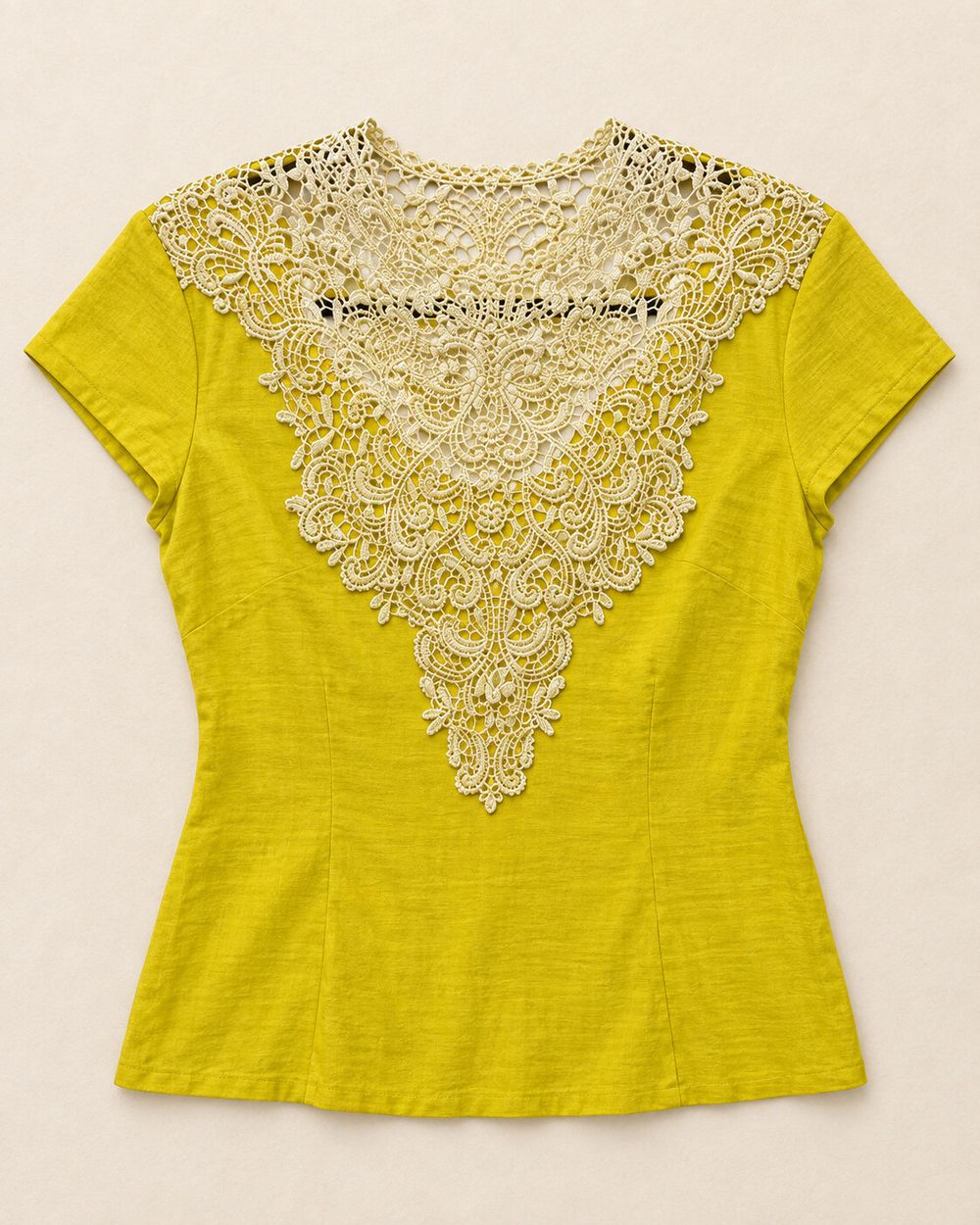 No Label Yellow Short-Sleeve Top with Cream Crochet-Lace