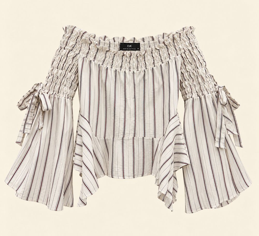 CUE Ivory Pinstriped Off-Shoulder Blouse