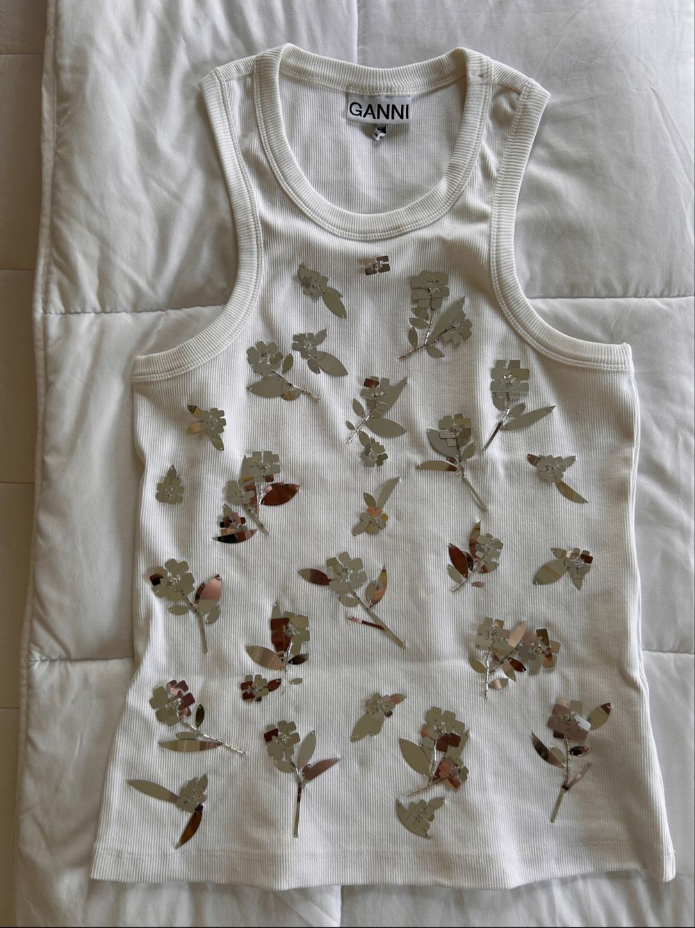 GANNI White Ribbed Tank Top With Mirror Floral Embellishments